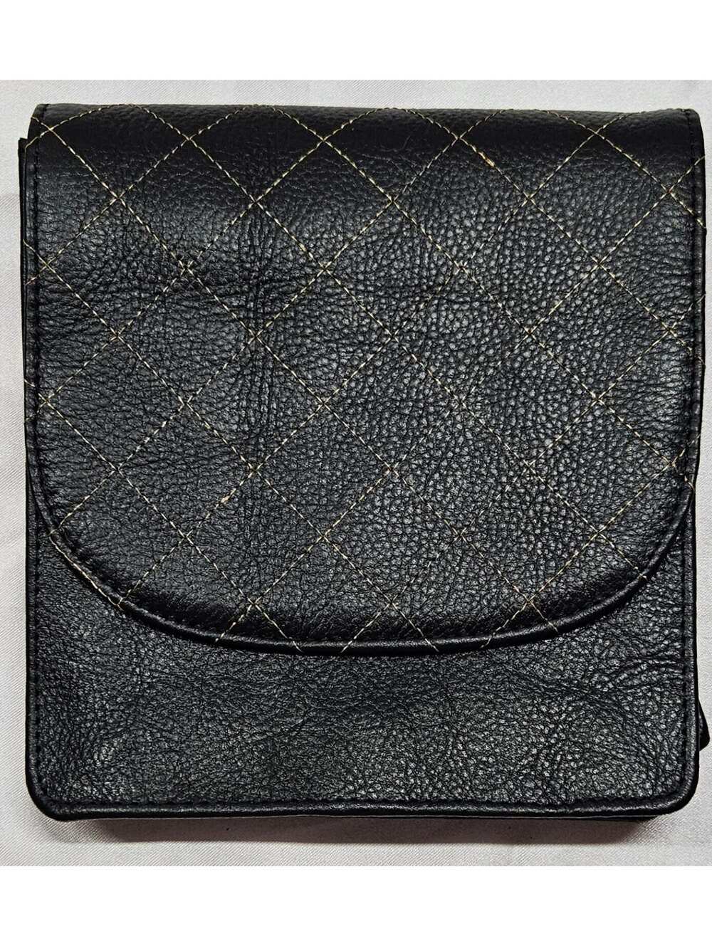 Deepa Gurnani Black Quilted Leather Pouch Case Gold Stitching